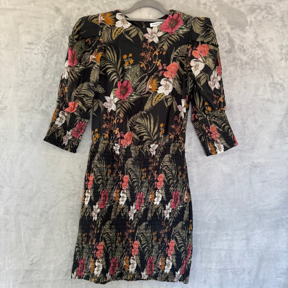 Rebecca‎ Minkoff Floral Smock Mini Dress Black Tropical Cotton Puff Sleeve Small